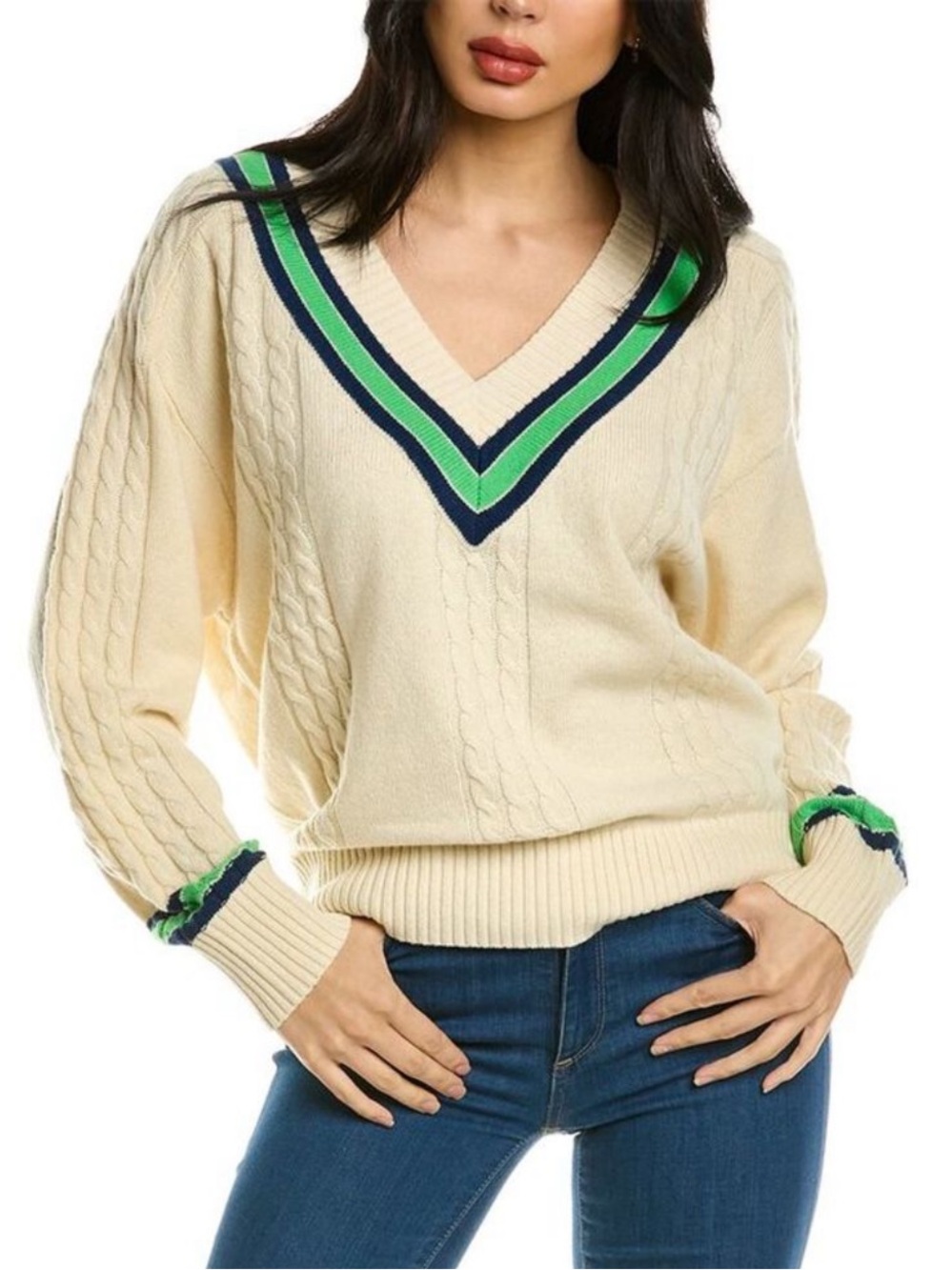 Rebecca Taylor Wool Blend Varsity V-Neck Cable Knit Sweater Cream Green S